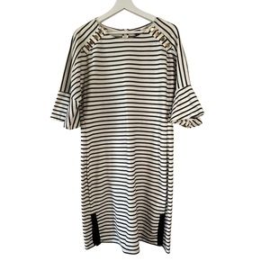Ann Taylor women’s size L dress ivory/navy striped gold button accents at collar